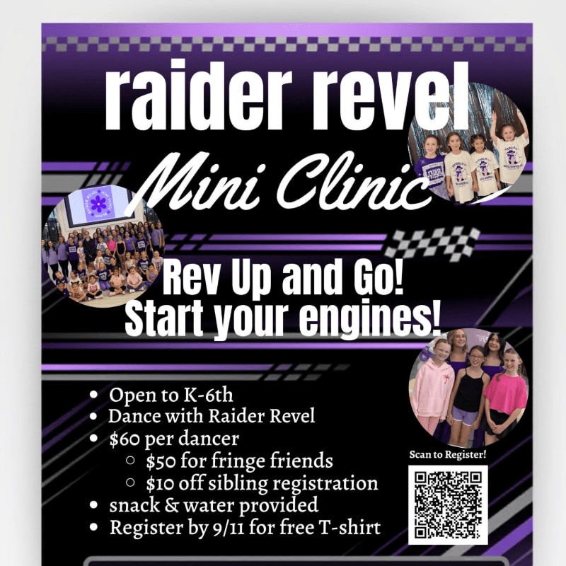 A flyer for a "raider revel Mini Clinic" features a group of young dancers in the foreground and a checkered flag pattern in the background.