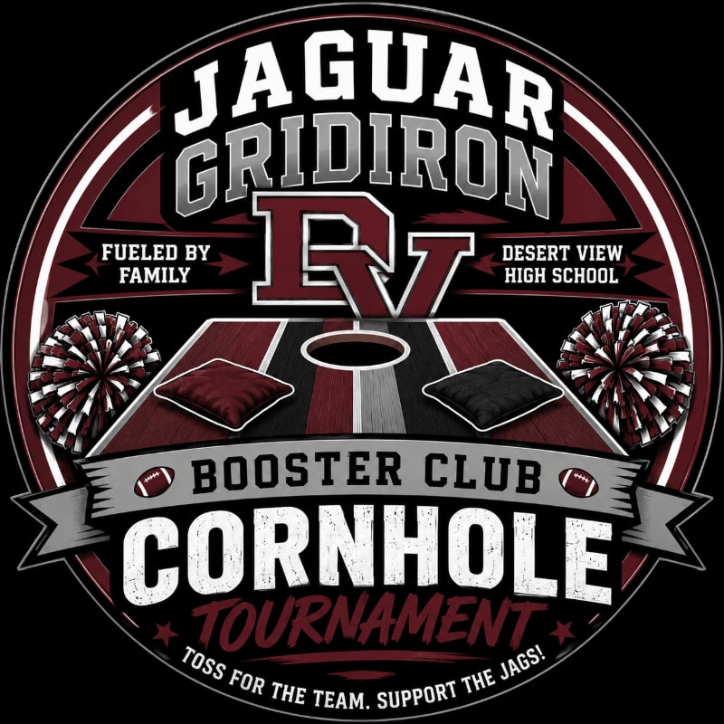 A cornhole board with two beanbags sits in the foreground, while the background features a circular emblem with "Jaguar Gridiron" and "Booster Club Cornhole Tournament" text.