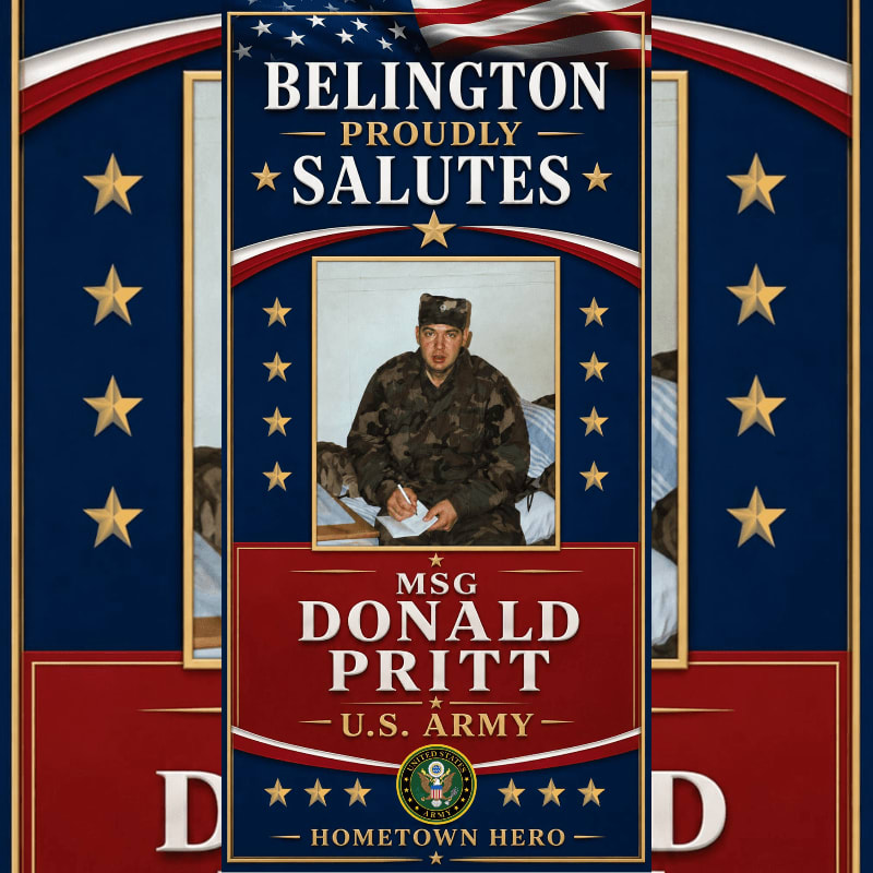 A framed portrait of a soldier in uniform is displayed prominently in the foreground, set against a patriotic background featuring stars and the American flag.