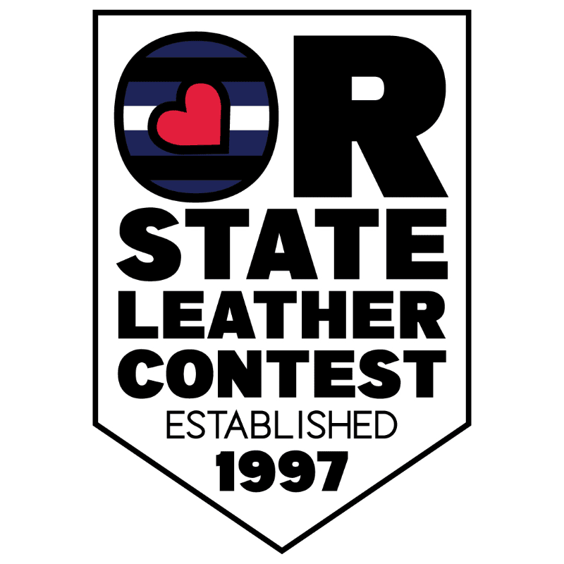 A black and white shield-shaped logo with the text "OR STATE LEATHER CONTEST ESTABLISHED 1997" is displayed, featuring a circular emblem with horizontal stripes and a red heart in the foreground against a white background.