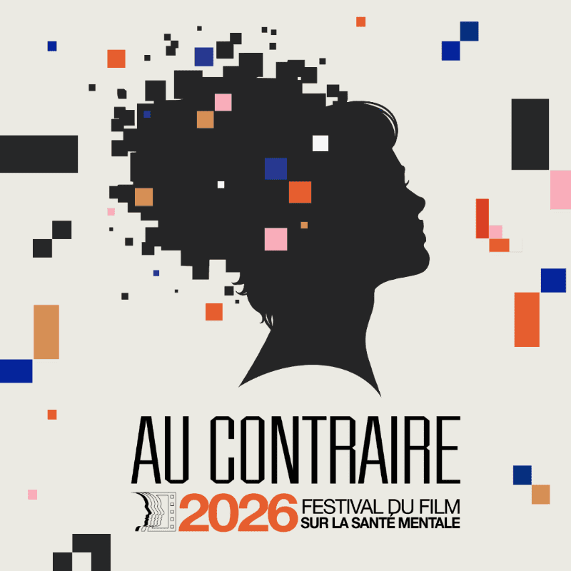 A silhouette of a woman's head, with her hair dissolving into colorful pixelated squares, is set against a cream background with scattered geometric shapes.