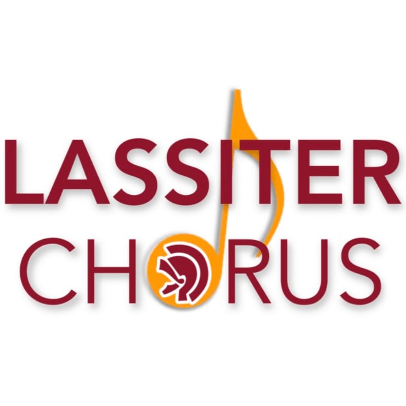 Maroon text reading "LASSITER CHORUS" is centered on a white background, with a stylized musical note and a circular emblem featuring a horse's head in place of the "O" in "CHORUS."
