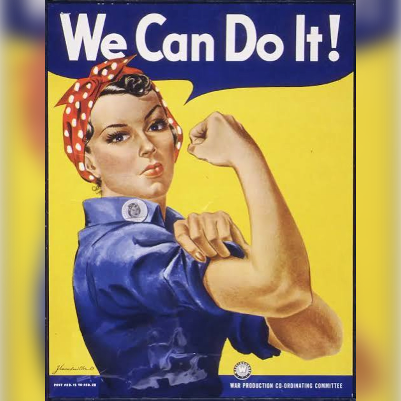 A woman in a blue shirt and red polka dot bandana flexes her bicep against a bright yellow background with the words "We Can Do It!" in a blue speech bubble.