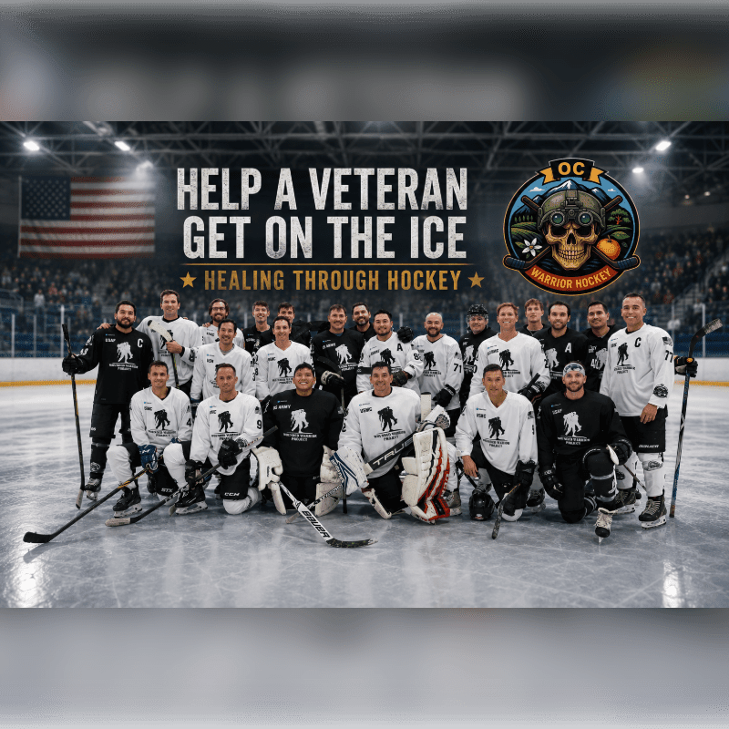A group of hockey players, some in uniform, stand on an ice rink in front of a cheering crowd and an American flag, with text promoting "Help a Veteran Get on the Ice."