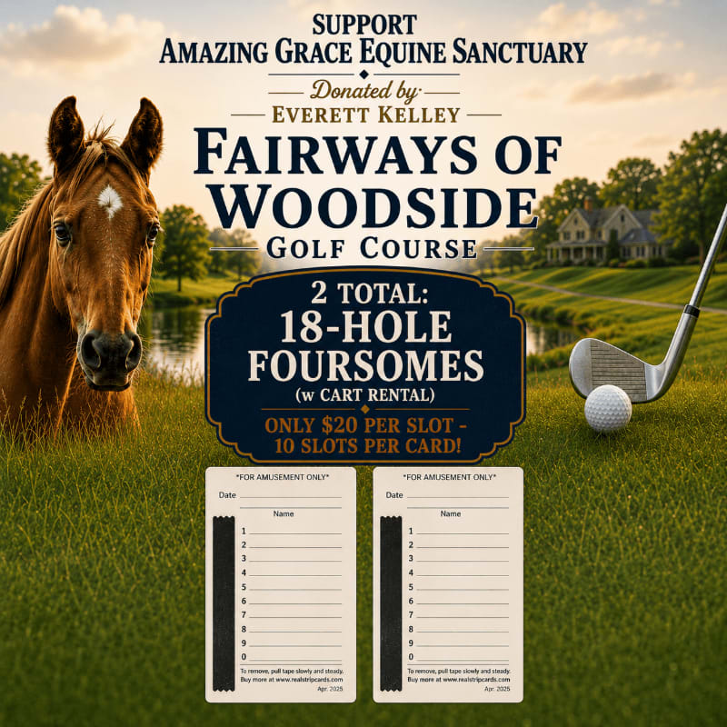 A horse stands in the foreground of a golf course with a golf club and ball, while a house and trees are visible in the background.