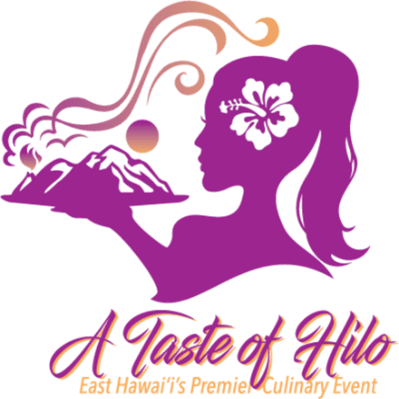 A purple silhouette of a woman with a hibiscus in her hair holds a platter of mountains and steam in the foreground, with swirling decorative lines and text reading "A Taste of Hilo" in the background.