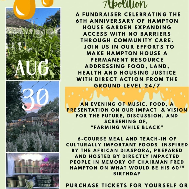 Lush greenery and a date are in the foreground, while the background features text announcing a fundraiser for Hampton House Garden.