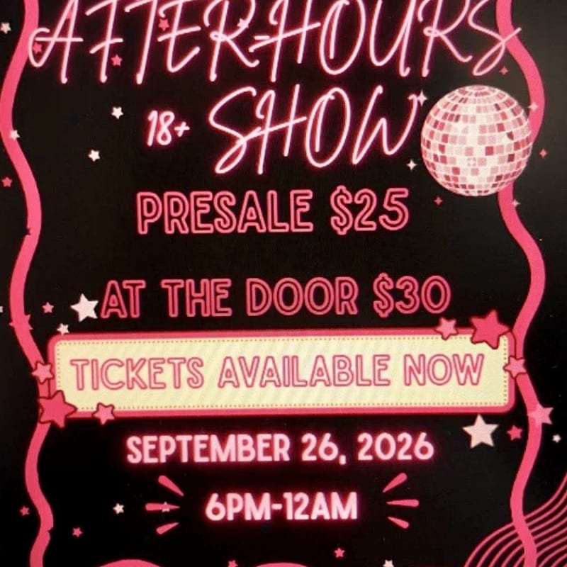 A neon pink and white "After Hours 18+ Show" advertisement with ticket prices and date information is displayed against a black background with a disco ball.