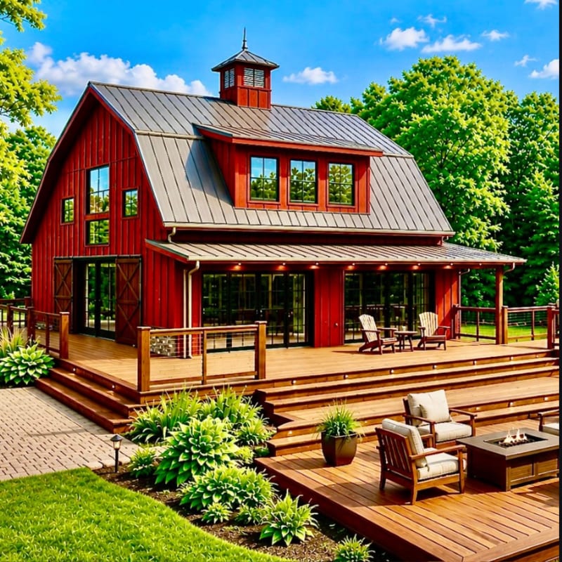 A vibrant red barn with a large wooden deck in the foreground sits against a backdrop of lush green trees and a bright blue sky.