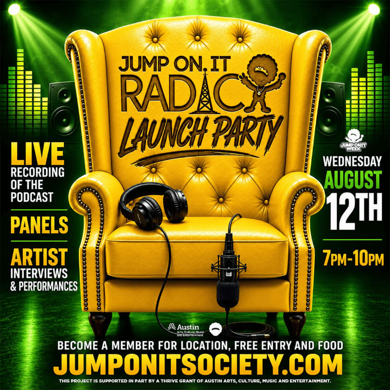 A yellow armchair with headphones and a microphone sits in the foreground, while the background features green spotlights and speakers advertising a "Jump On. It Radacx Launch Party" on Wednesday, August 12th.