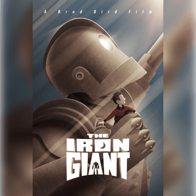 A young boy stands on the shoulder of a giant robot against a backdrop of dramatic, sunlit clouds.