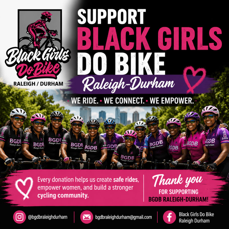 A group of smiling women in cycling gear pose with their bikes in front of a blurred cityscape, promoting the "Black Girls Do Bike" organization.