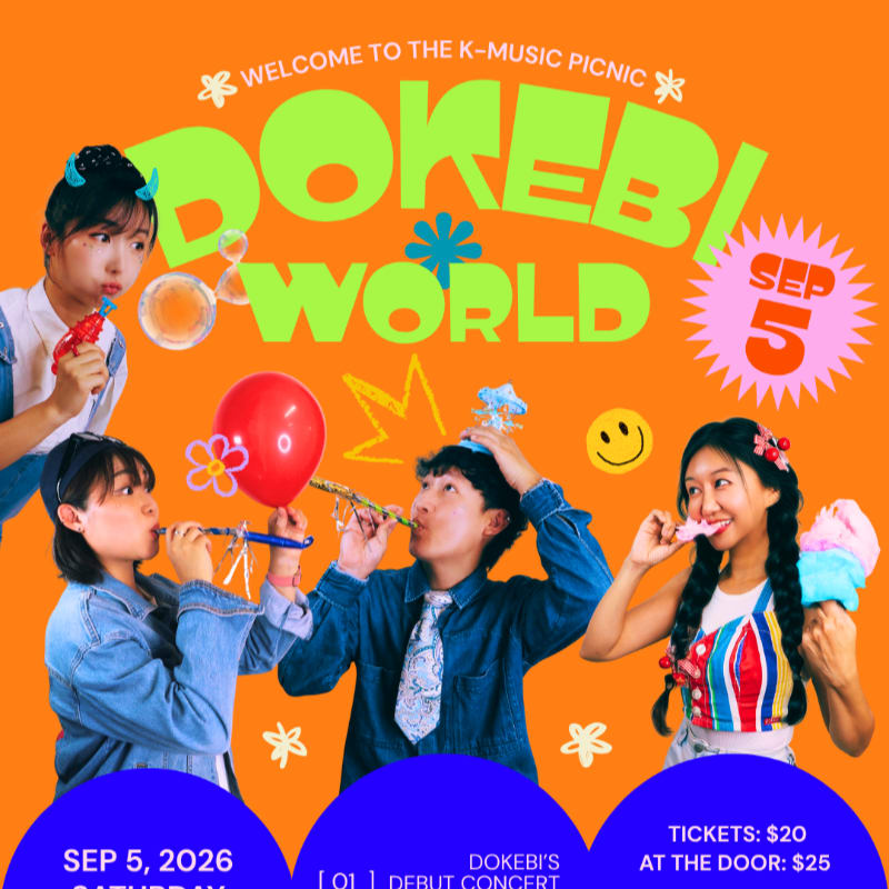 Four young people with party blowers and balloons celebrate in front of an orange background with "DOKEEBI WORLD" and event details.