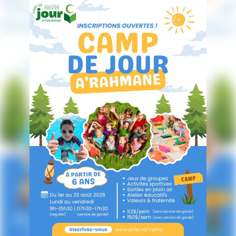A vibrant flyer advertises "Camp de Jour A'Rahmane" with images of happy children in the foreground and a sunny sky with trees in the background.