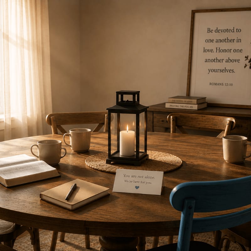 A lit candle in a lantern sits on a wooden table with mugs and books, while a framed Bible verse hangs on the wall in the background.