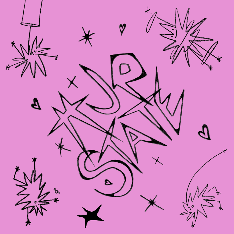 A pink background is filled with playful black line drawings of sparklers, stars, and hearts surrounding a central, stylized word.
