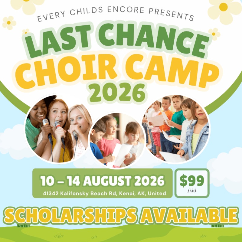 Children singing in a choir camp are featured in circular photos against a backdrop of green hills and text announcing the event.