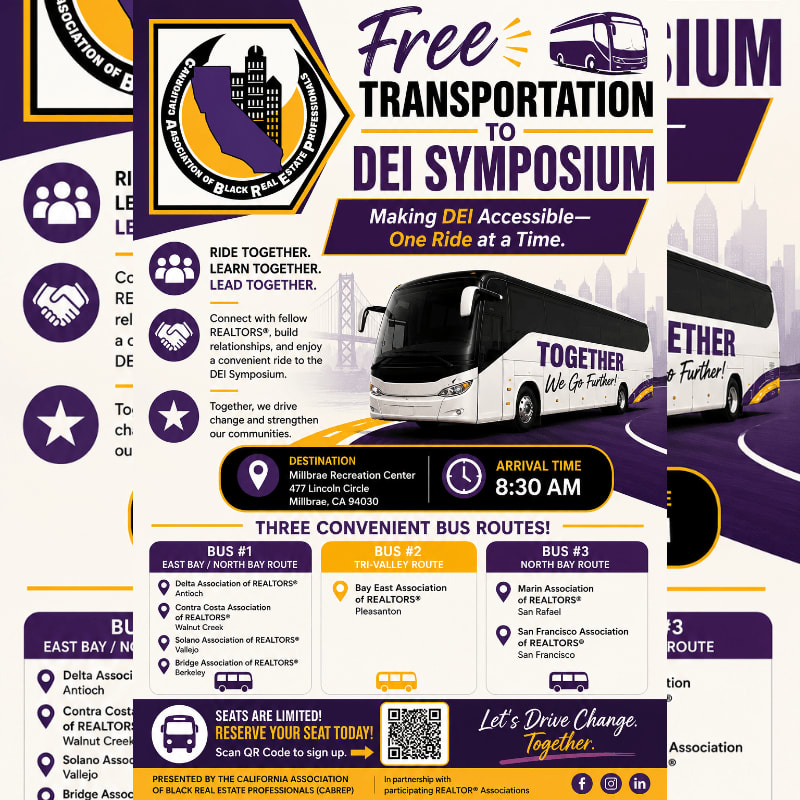 A white bus with "TOGETHER We Go Further!" written on its side is parked in front of a purple and yellow background with event details for a DEI Symposium, while the foreground lists bus routes and reservation information.