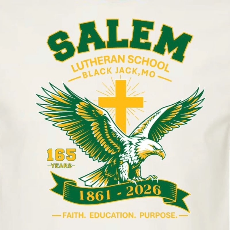 An eagle with outstretched wings in the foreground is superimposed over a yellow cross and the text "SALEM LUTHERAN SCHOOL BLACK JACK, MO" in the background.