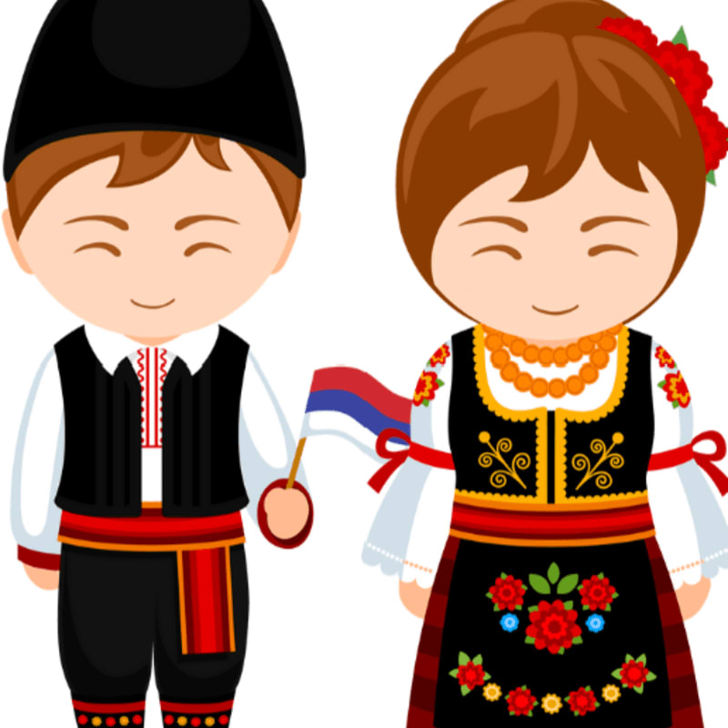 A boy in traditional Serbian attire holds a Serbian flag next to a girl in a similar outfit, both against a white background.