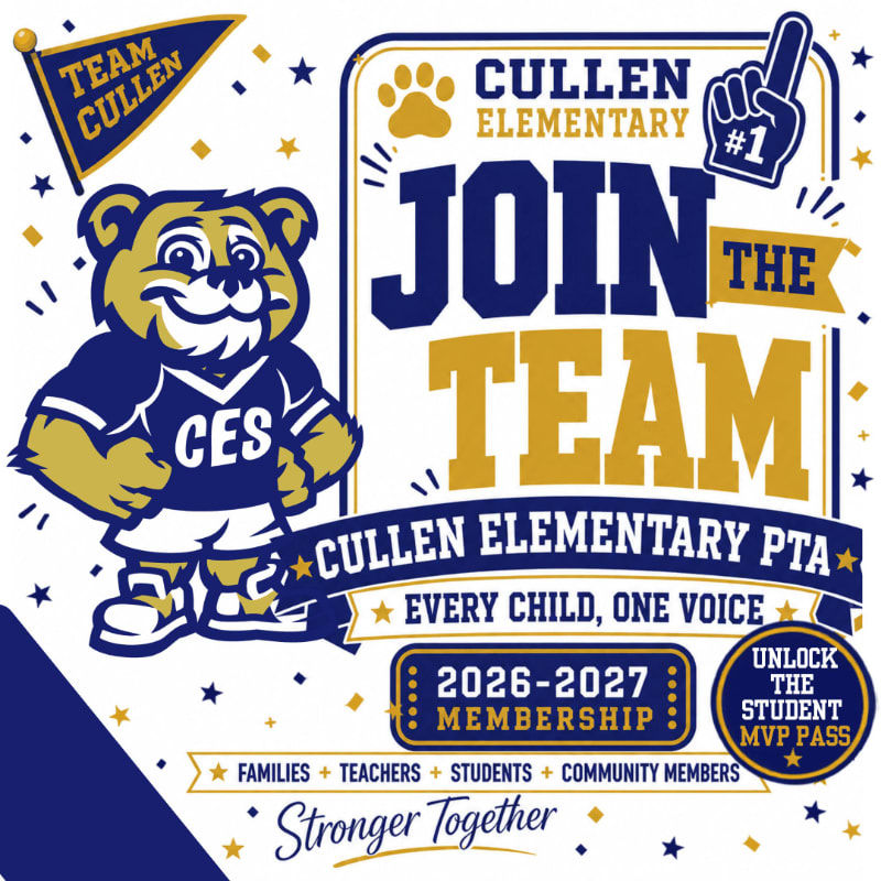 A cartoon bear mascot stands to the left of bold text announcing "JOIN THE TEAM" for Cullen Elementary PTA, with a pennant and foam finger in the background.