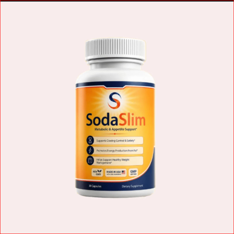 A bottle of SodaSlim dietary supplement with a light pink background.