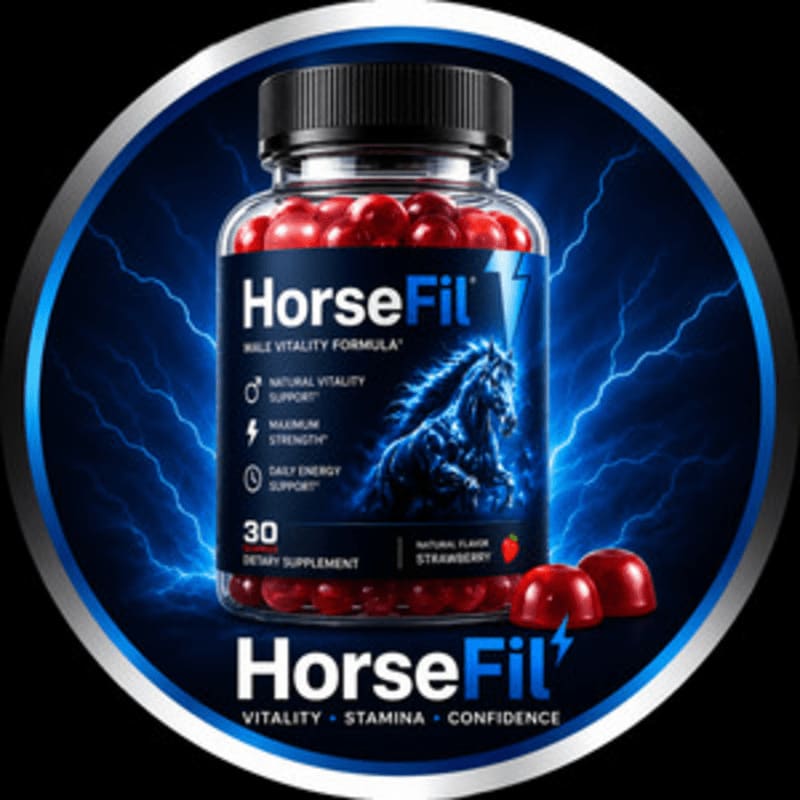 A bottle of HorseFil male vitality supplement with red capsules in the foreground is set against a background of blue lightning.