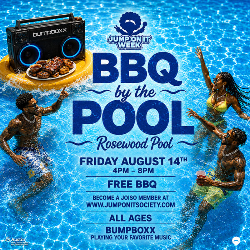 A black boombox and a plate of BBQ sit on a yellow float in the foreground, while three people enjoy themselves in a bright blue pool in the background.