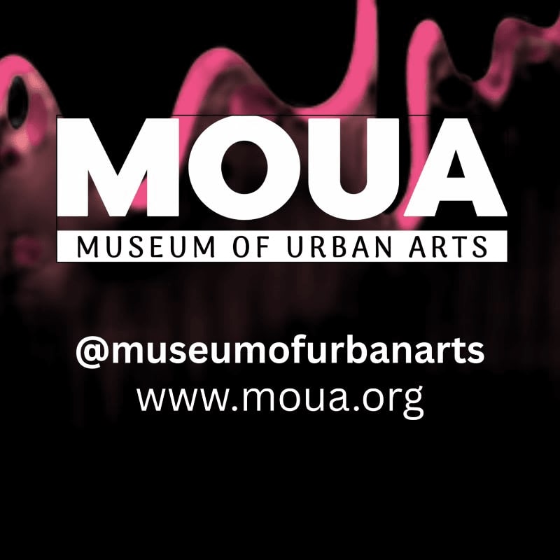 White text for "MOUA MUSEUM OF URBAN ARTS" is centered in the foreground against a blurred pink and black background with a website and social media handle below.