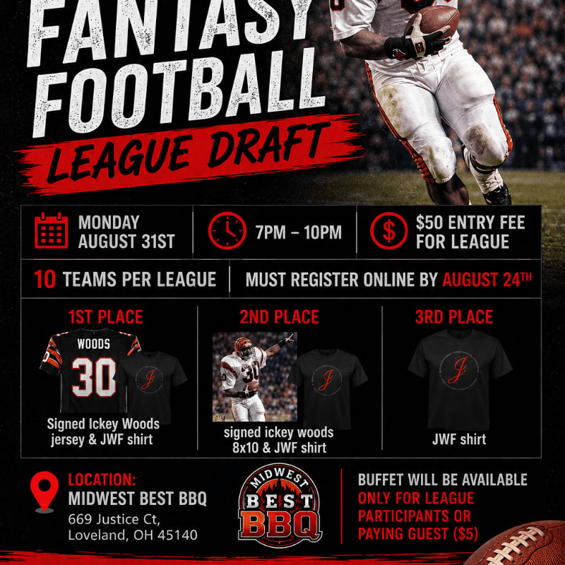 A fantasy football league draft advertisement features a football player in the background and details about prizes, location, and entry fees in the foreground.