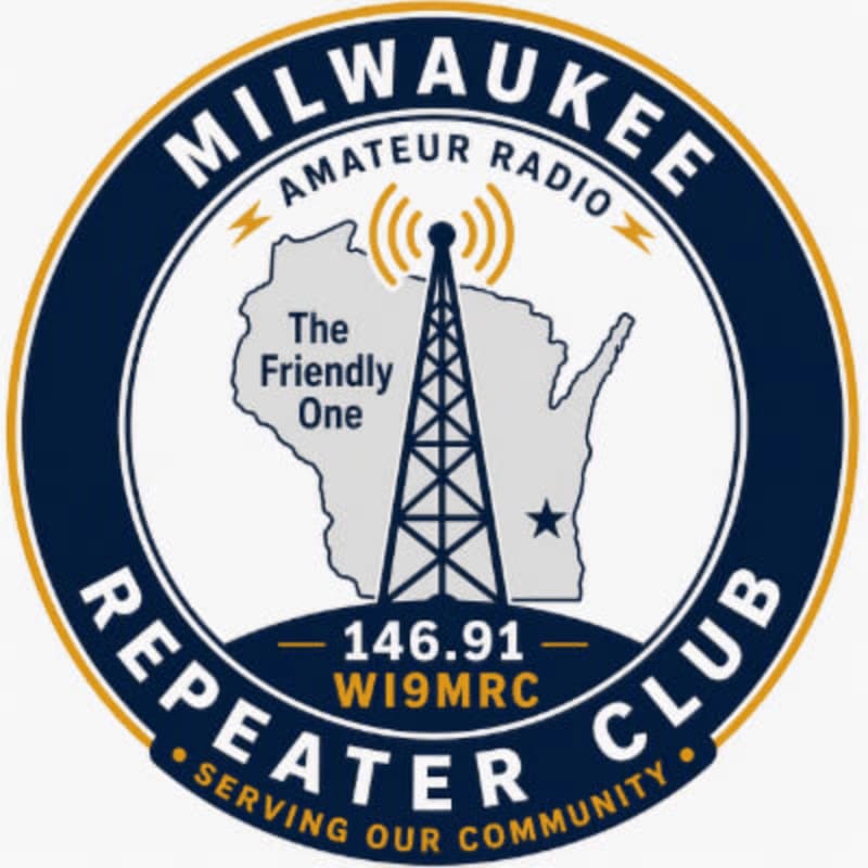 A logo for the Milwaukee Amateur Radio Repeater Club features a radio tower superimposed on a map of Wisconsin in the foreground, with the club's name and motto encircling the image in the background.