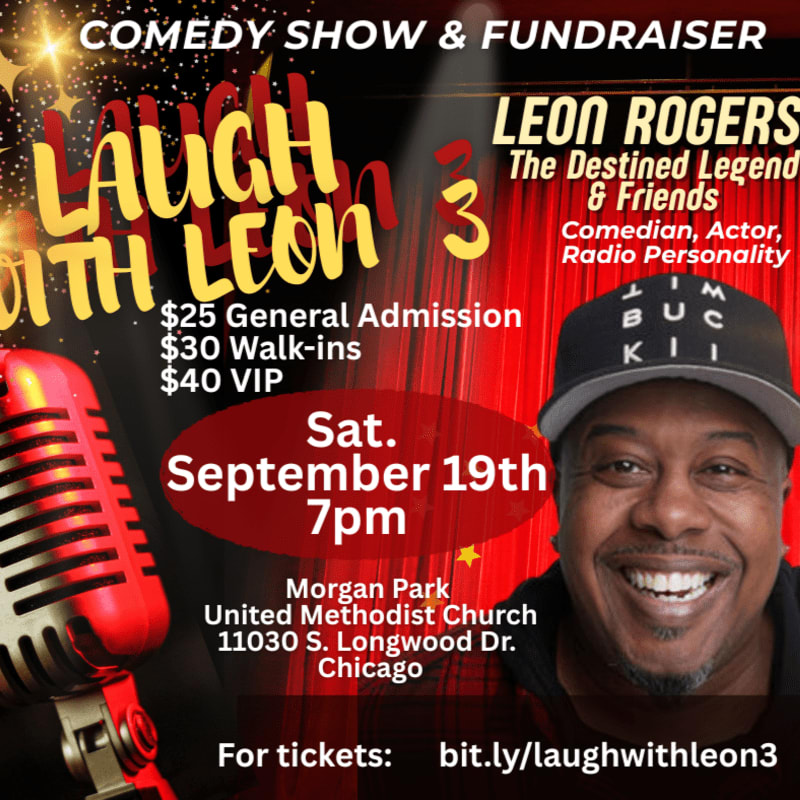 A vintage microphone and event details are in the foreground, while a smiling comedian and red curtains fill the background of this comedy show flyer.