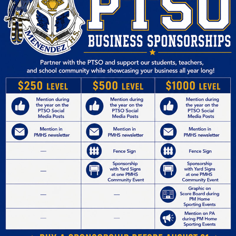 A blue background displays information about business sponsorships for Menendez High School's PTSO, with sponsorship levels and benefits detailed in tables in the foreground.