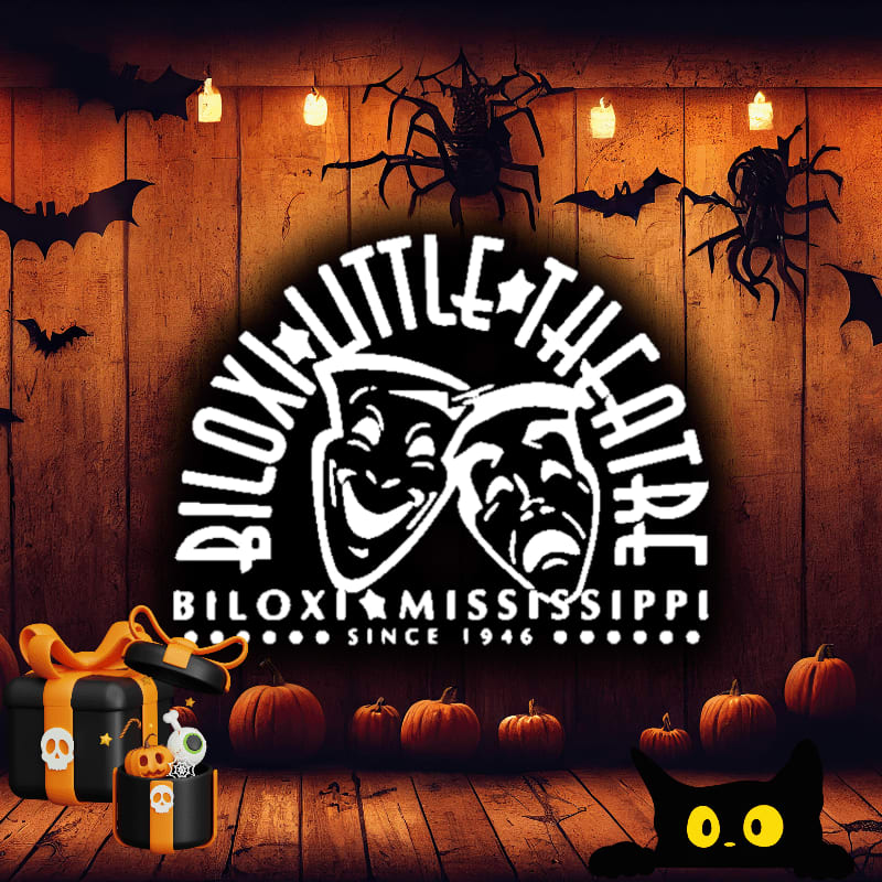 A black cat peeks out from the foreground with Halloween decorations like pumpkins and gift boxes, while the background features a wooden wall adorned with bats, spiders, and the "Biloxi Little Theatre" logo.