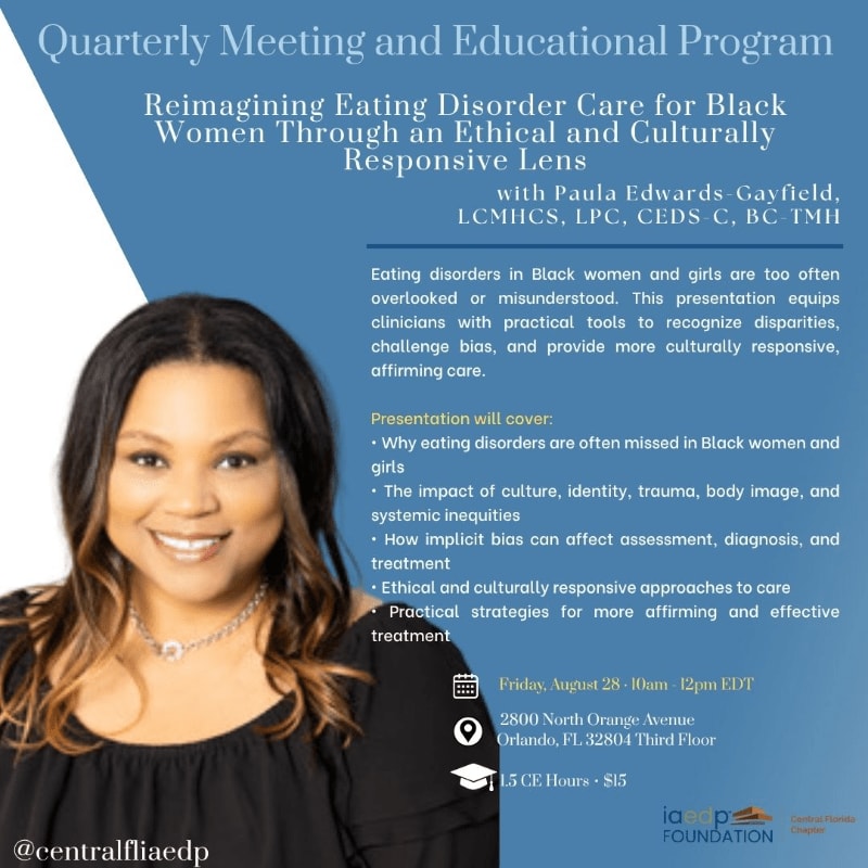 A smiling woman with dark hair is featured in the foreground against a blue and white background detailing a quarterly meeting and educational program on reimagining eating disorder care for Black women.