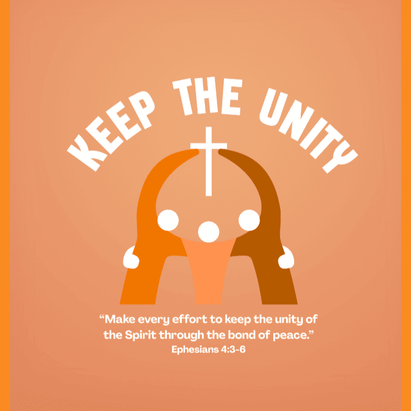 Three stylized figures with arms raised in unity, embracing a cross, are set against a warm orange background with text about keeping unity.