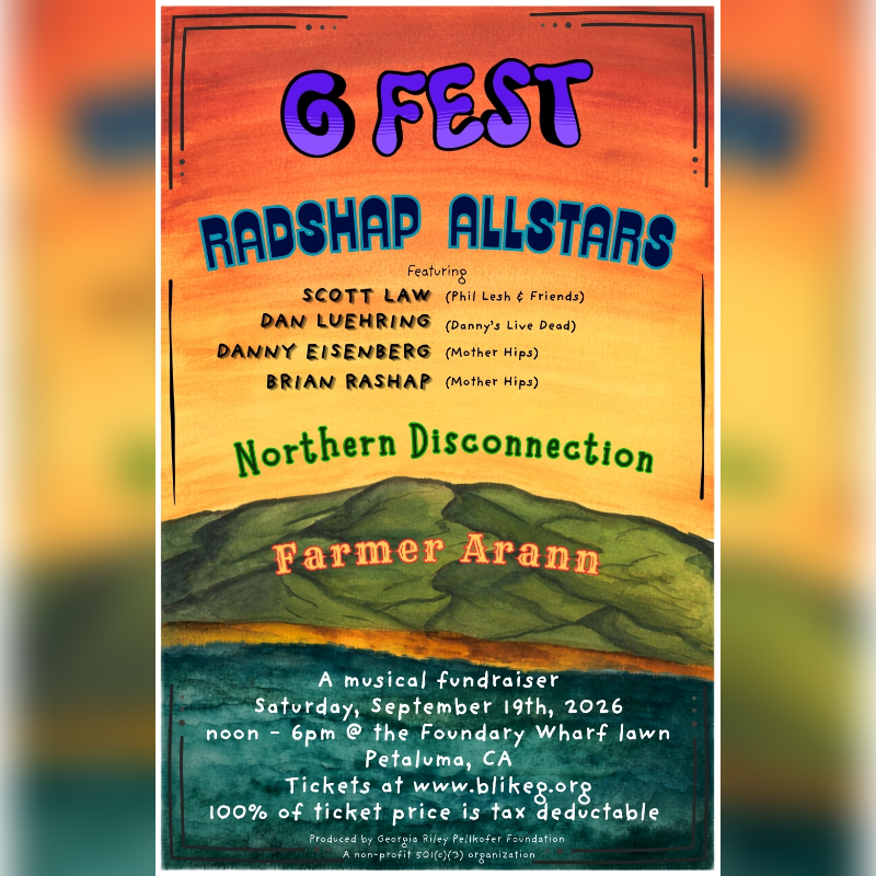 A colorful poster for "G FEST" featuring "RADSHAP ALLSTARS" and other musicians is set against a painted background of green hills and a dark sky.