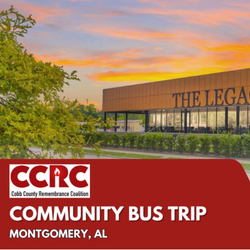A modern building with large windows is visible in the background, while a red banner with "CCRC COMMUNITY BUS TRIP MONTGOMERY, AL" is in the foreground, with trees to the left.