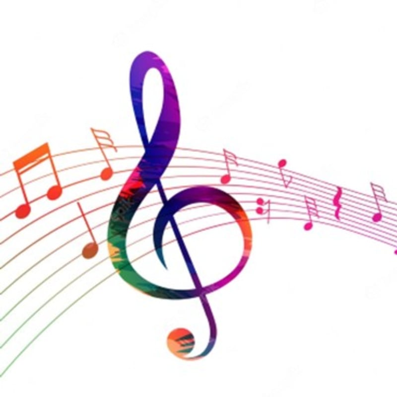 A vibrant, multi-colored treble clef is superimposed on a staff of musical notes that fade into a white background.