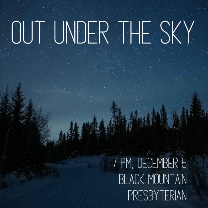 A snowy path winds through a dark forest under a starry night sky, with event details in the lower right corner.