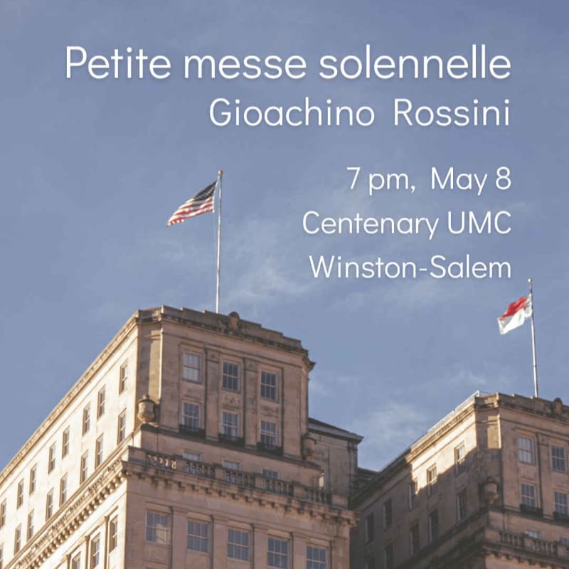 Two ornate buildings with flags flying atop them are set against a clear blue sky, with event details for "Petite messe solennelle" by Gioachino Rossini overlaid.