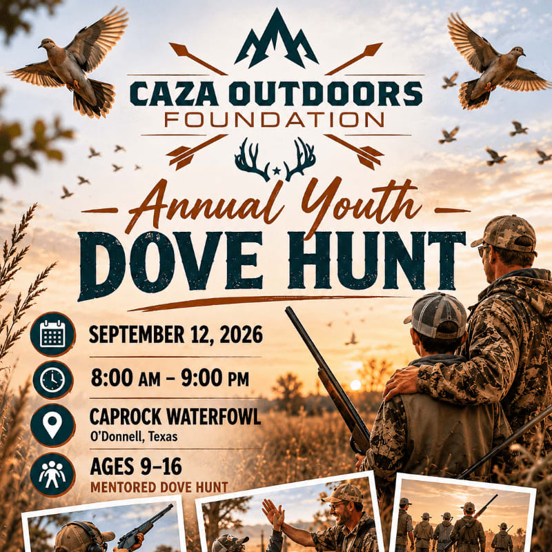 Two hunters with shotguns stand in a field at sunset, with doves flying overhead and event details for the Caza Outdoors Foundation Annual Youth Dove Hunt in the background.