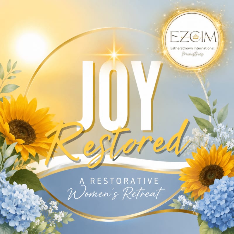 Sunflowers and hydrangeas frame the words "JOY Restored" against a bright, sunlit background with the EZCIM logo.
