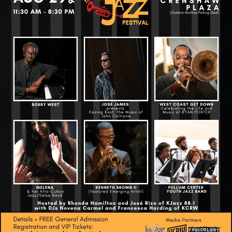 Six portraits of jazz musicians and a youth jazz band are displayed against a dark background with festival branding and event details.