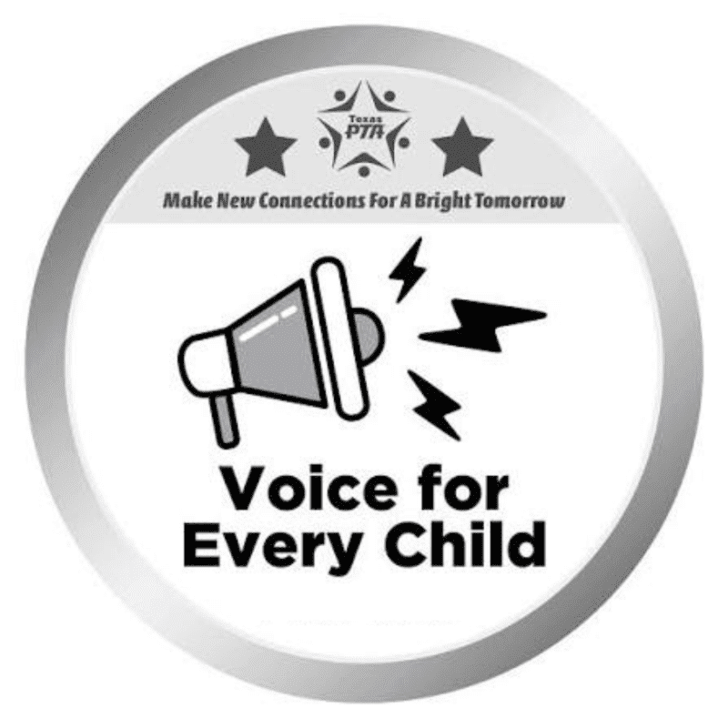 A megaphone with lightning bolts is in the foreground, set against a circular background with stars and the Texas PTA logo.