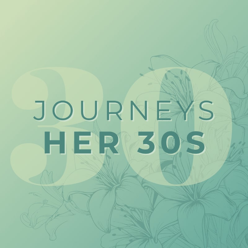 Large, translucent numbers "30" overlay text that reads "JOURNEYS HER 30S" in the foreground, with a soft, faded floral pattern in the background.
