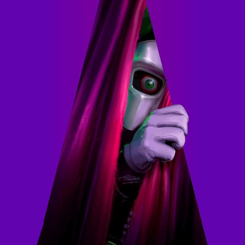 A masked figure with a green eye peeks from behind a vibrant purple curtain, revealing a glimpse of a dark suit and a red cape.