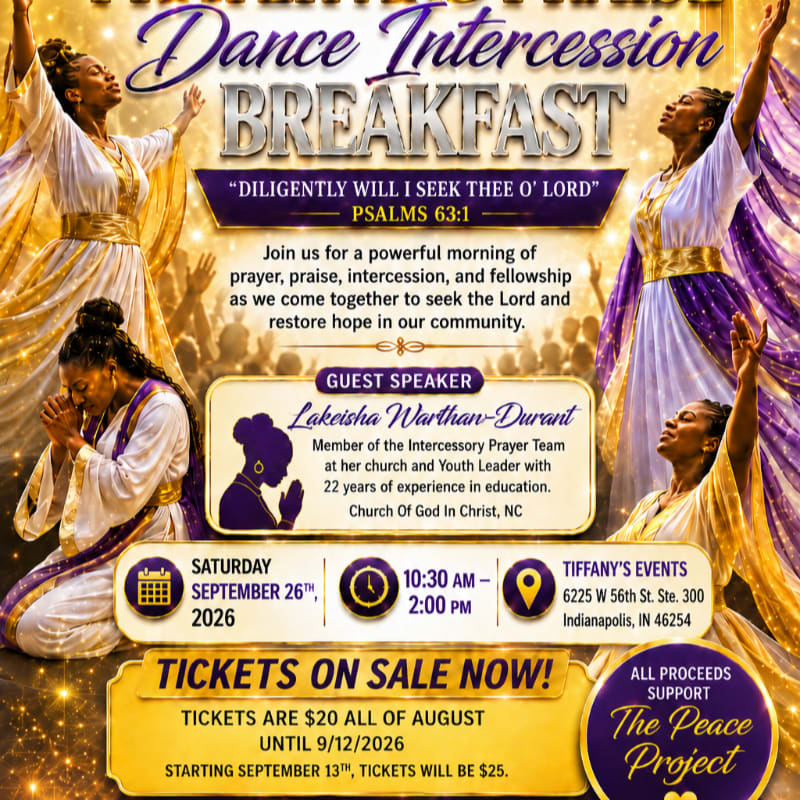 Four women in white and gold robes with purple accents are depicted in prayer and worship, with event details and text overlaying a golden, sparkling background.