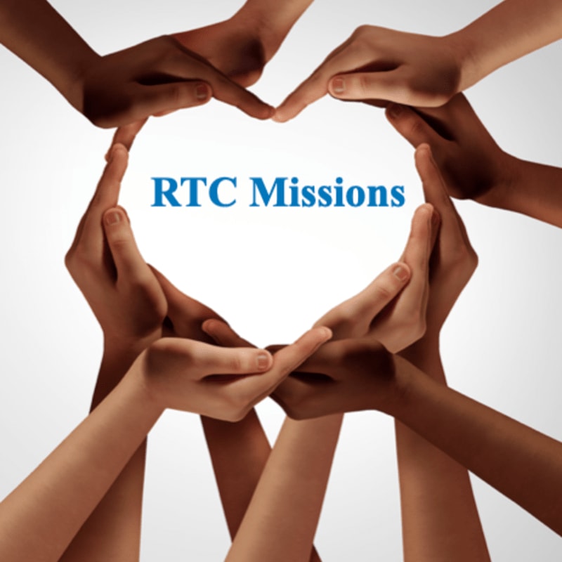 A diverse group of hands forms a heart shape in the foreground, with "RTC Missions" written in blue text within the heart against a white background.