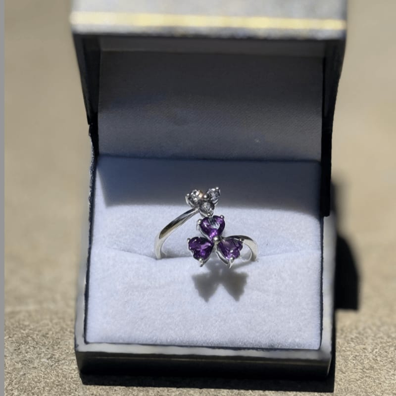 A silver ring with purple heart-shaped stones and small clear stones rests in a black and white jewelry box, with a blurred outdoor background.